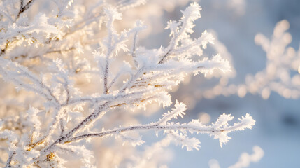 A close-up of frost-covered branches glistening in the morning light with delicate ice crystals visible.