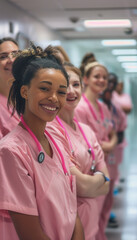 Fototapeta premium Smiling Nurses in Pink Uniforms Supporting Breast Cancer Awareness in Hospital Corridor