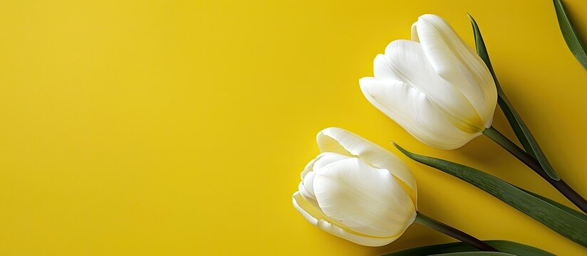 Two white tulip blooms on a yellow backdrop with a white border Ample copyspace Spring optimistic theme Minimalist design Flat lay