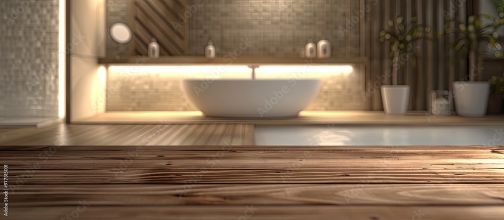 Poster wood tabletop against a blurred bathroom background crucial for design visual layout. copy space ima