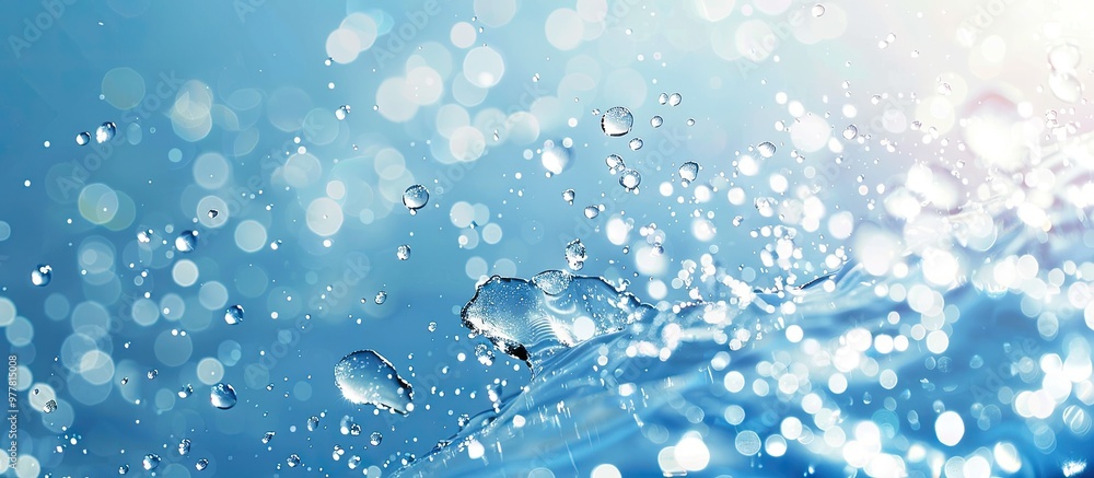 Poster clear flowing water texture featuring drops set against a blue background. copy space image. place f
