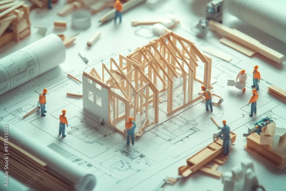 Poster tiny workers collaborate on blueprints to build a house surrounded by architectural tools