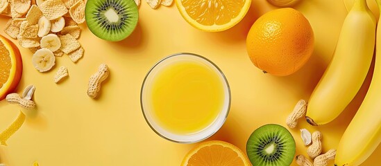 Delicious and nutritious breakfast top view Milk cornflakes orange juice orange nectarine kiwi banana peanuts copyspace for text