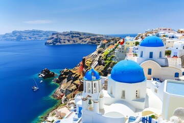 A Photography of The iconic white-washed buildings and blue-domed churches of Santorini, overlooking the crystal-clear waters of the Aegean Sea, capturing the essence of Greek island paradi