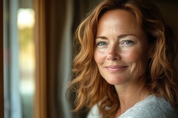 Fototapeta premium Portrait of a middle-aged woman with red hair and freckles, smiling indoors in warm natural light.