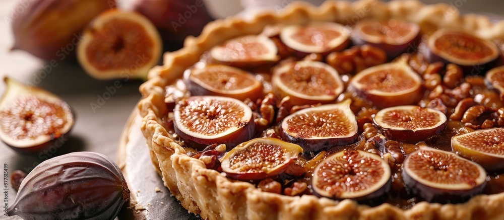 Poster close up of a walnut and fig pie. copy space image. place for adding text and design