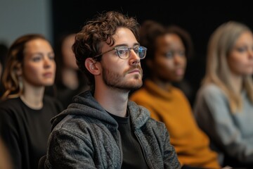 Fototapeta premium A close-up of a man in glasses attentively listening during a seminar, surrounded by other focused participants.