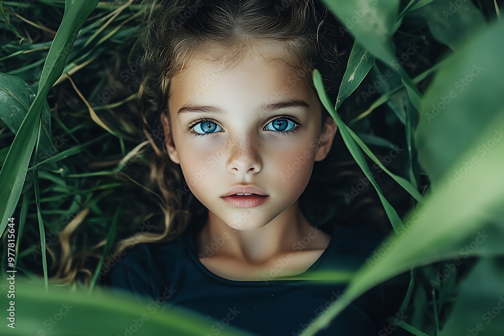 Poster Young girl with green eyes lying in a field of tall green grass, looking directly at the camera