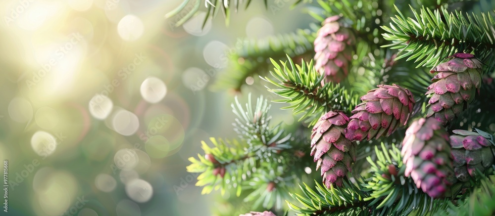 Aufkleber pink cones on fir branches with evergreen foliage green conifer background. copy space image. place 