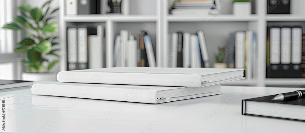 Poster blank notebooks with a pen on a white office table shallow depth of field. copy space image. place f