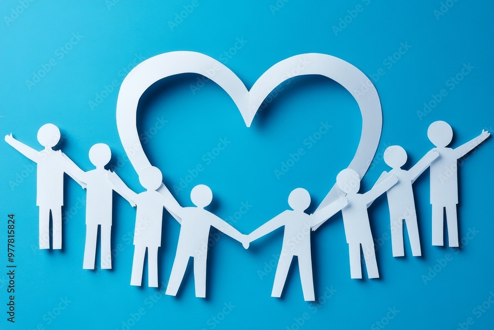 Poster group of white figures forming a heart with joined hands symbolizing love unity and community in a m