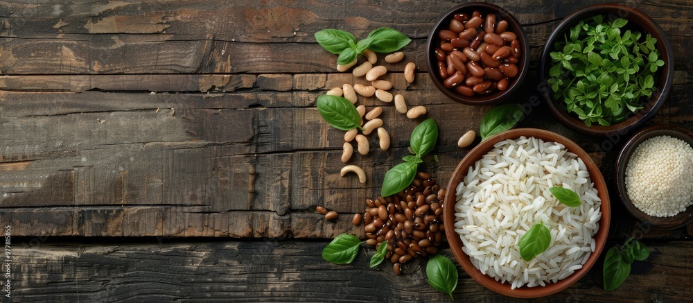 Poster top view of a herb bed with bowls of beans and rice partially on a rustic wooden plank background. c