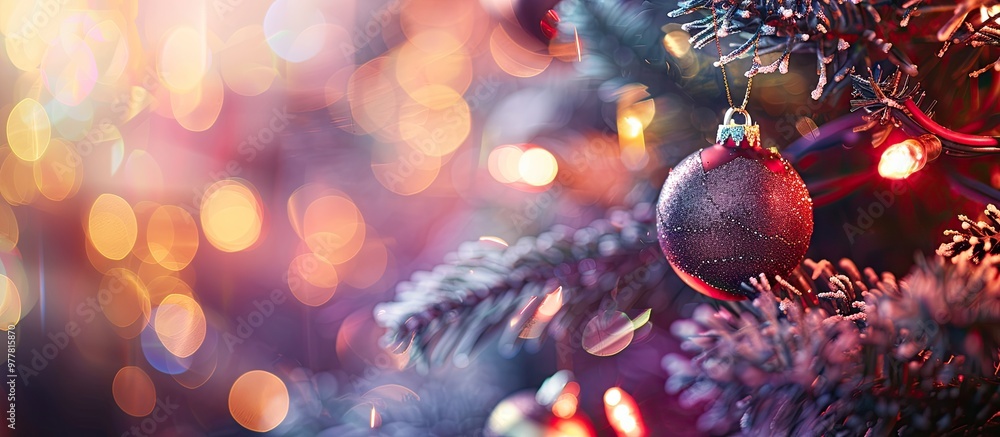 Poster close up of a bauble on a decorated christmas tree with colorful balls and lights in the background 