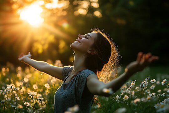 Woman with arms outstretched enjoying nature during golden hour sunset