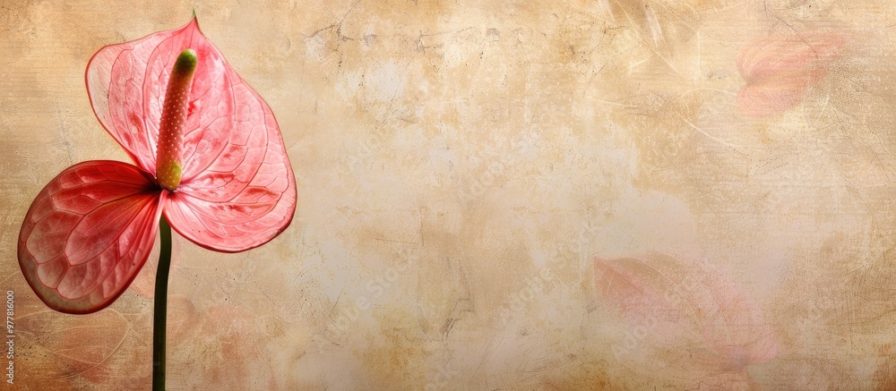 Poster textured vintage paper background featuring a pink anthurium isolated. copy space image. place for a