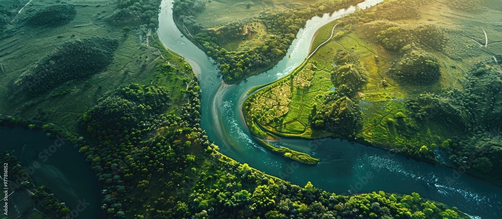 Poster bird s eye view of a winding river. copy space image. place for adding text and design