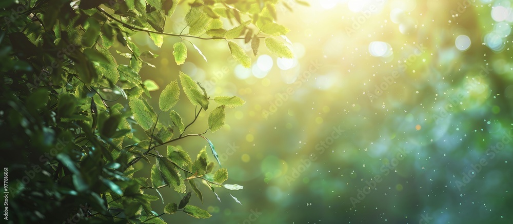 Poster blurred natural backdrop with sunlight shining through trees viewed from below in a green environmen