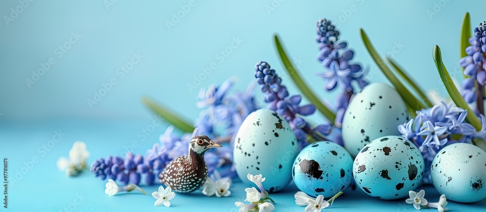 Poster easter holiday with a blue background featuring quail eggs and hyacinth flowers. copy space image. p