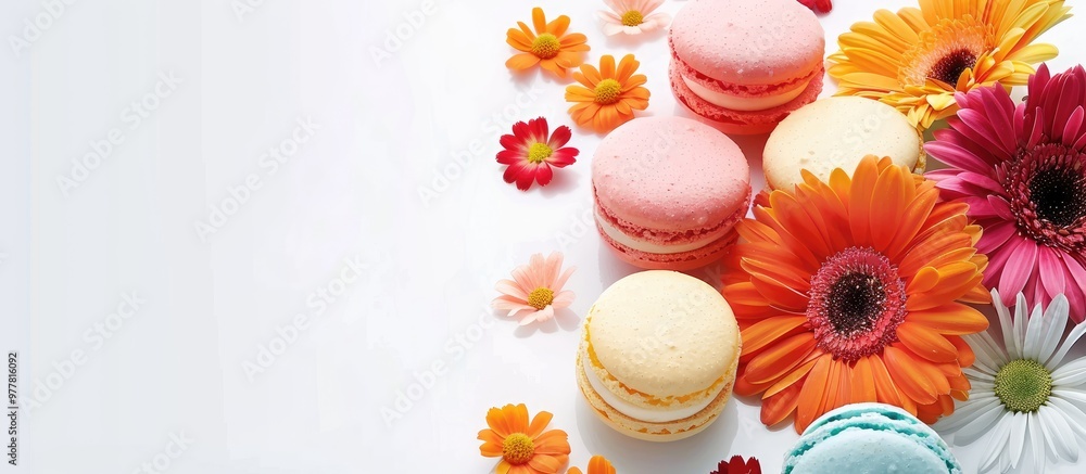 Poster colorful macaroons and a bouquet of gerberas isolated on a white background. copy space image. place