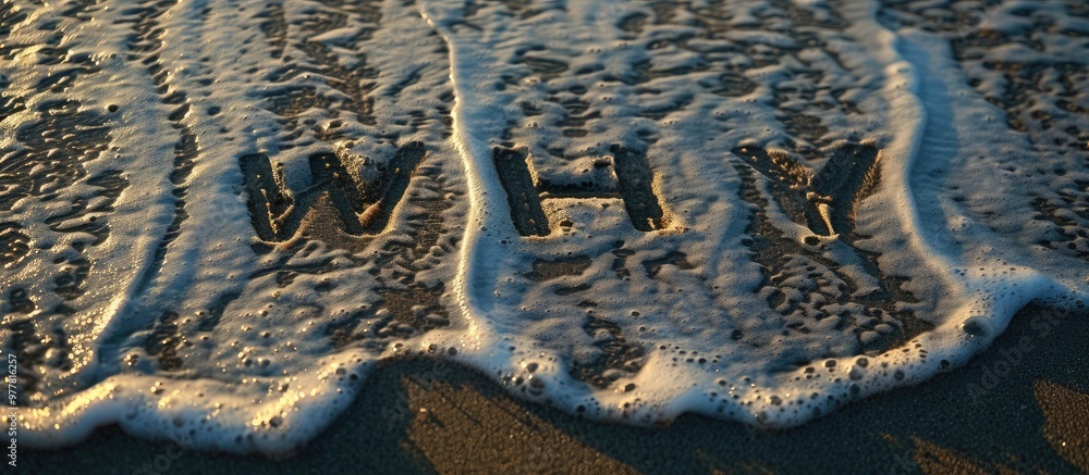 Poster large why written in the sand along the shoreline. copy space image. place for adding text and desig
