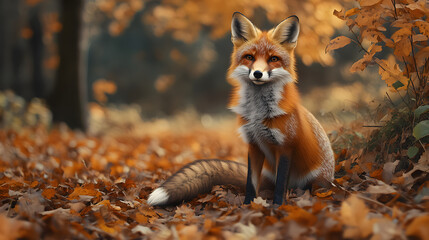 Fototapeta premium Cute Fox Sitting Among Autumn Leaves