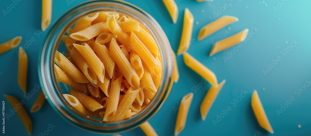 Poster top view of raw penne pasta spilled from a jar on a blue background. copy space image. place for add