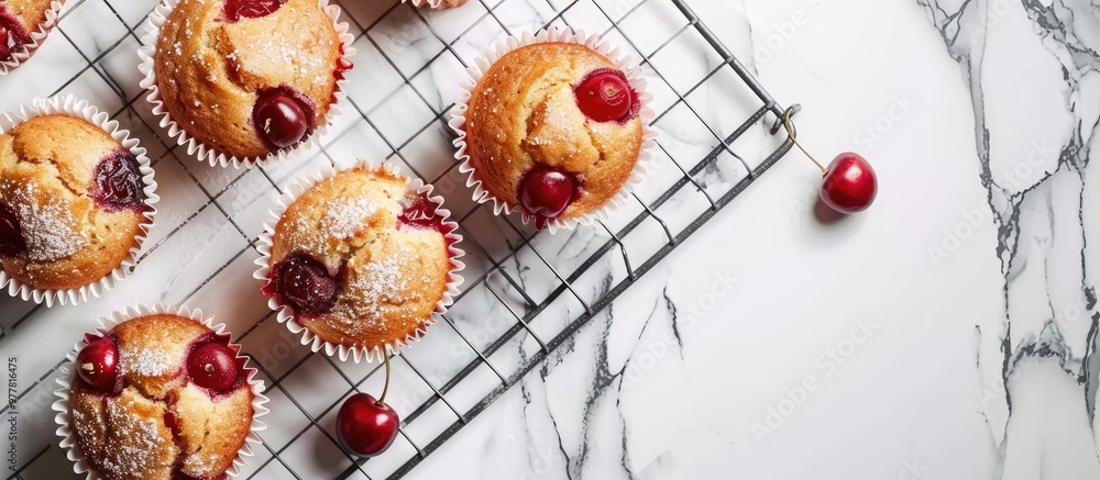 Sticker Homemade cherry muffins on a cooling rack against a white marble background with copy space Viewed from above