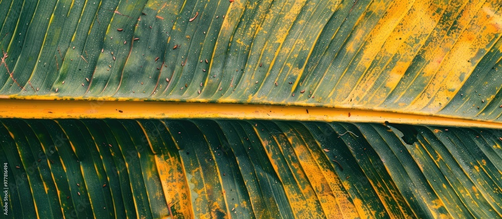 Poster close up image of an aged yellowed and nearly dry banana leaf suitable for wallpaper background for 