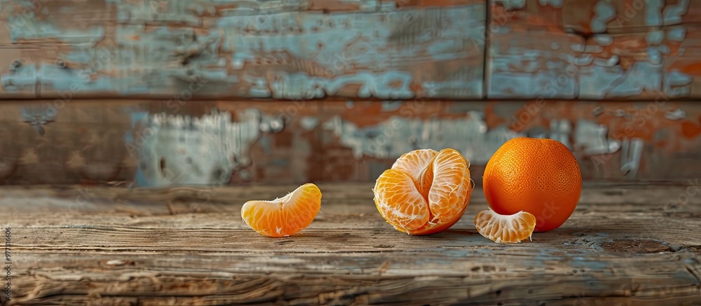 Canvas Prints peeled and unpeeled tangerines on a weathered wooden table. Copy space image. Place for adding text and design