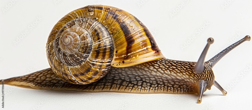 Poster garden snail set against a white background close up view. copy space image. place for adding text a