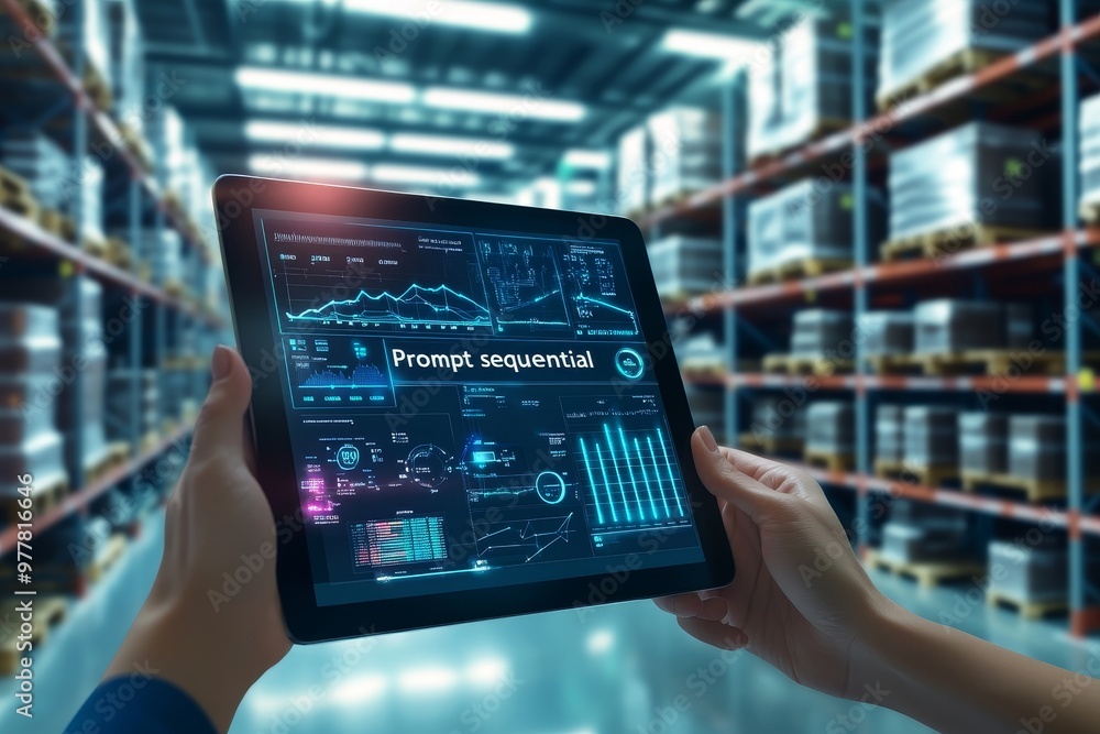 Poster hands holding a tablet with modern warehouse management system in vibrant illuminated setting