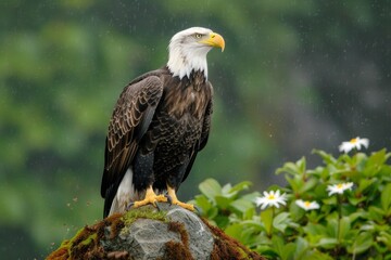 Obraz premium An image of a regal bald eagle perched high in a tree, its watchful gaze and commanding presence embodying the majesty of North American wildlif
