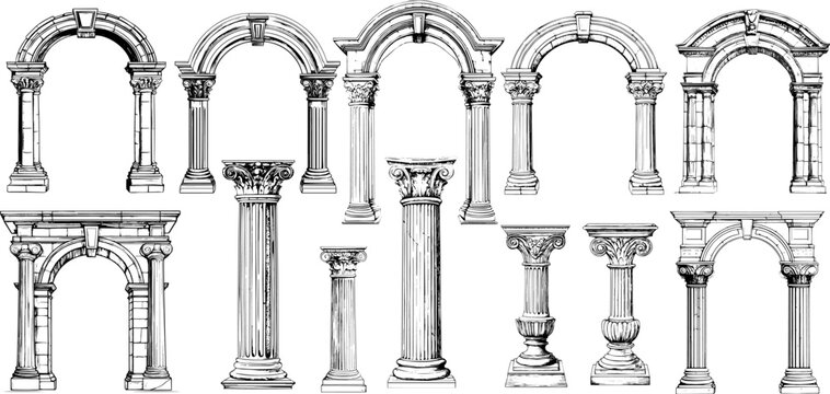Vector vintage illustration set of a Roman arch with columns. Classic antique architecture frame with engraved lines.