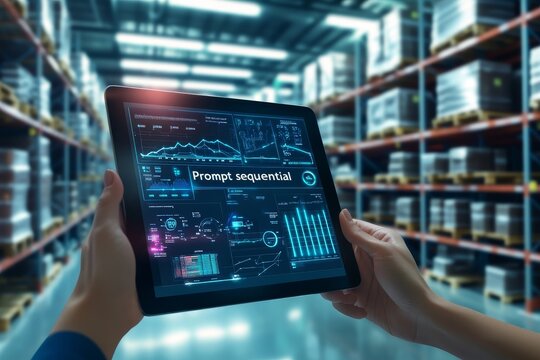 Hands holding a tablet with modern warehouse management system in vibrant illuminated setting