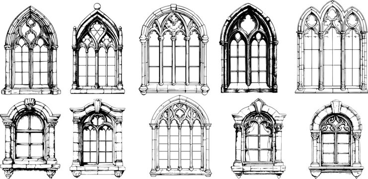 Vector vintage illustration of  Victorian window frame set. Antique gothic arch with ornate architectural lines.