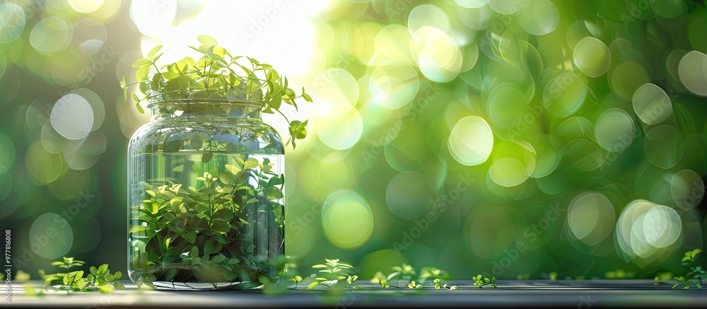 Poster blurred abstract background featuring remarkable green plants in a jar with a self sustaining ecosys