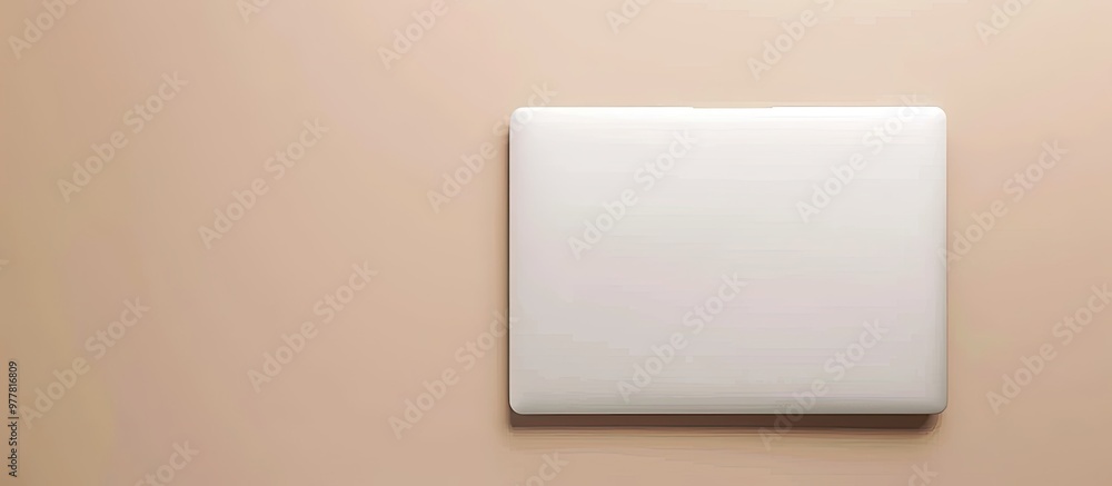 Poster top view of a closed white laptop on a beige backdrop. copy space image. place for adding text and d