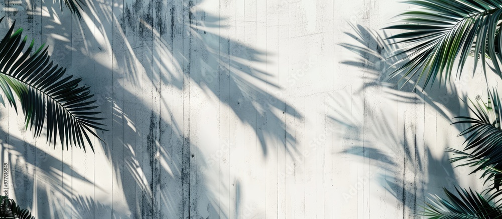 Poster creative background photography featuring shadows of palm branches and leaves on a white concrete wa