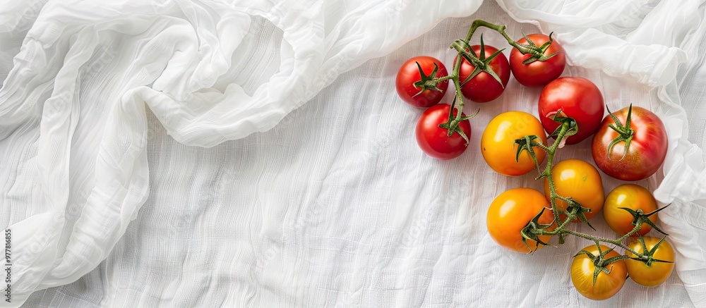 Sticker Fresh organic tomatoes in various colors on a white textile background Harvest theme Framed arrangement for central text placement Top view natural light copyspace