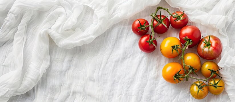 Fresh organic tomatoes in various colors on a white textile background Harvest theme Framed arrangement for central text placement Top view natural light copyspace