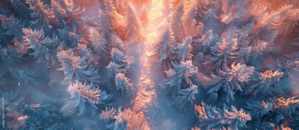 Aufkleber aerial perspective of a winter forest at sunset. copy space image. place for adding text and design