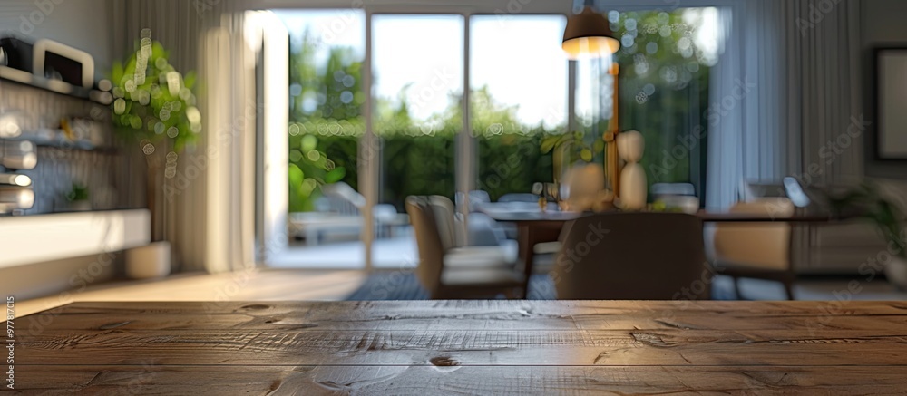 Poster tabletop and blurred interior background. copy space image. place for adding text and design