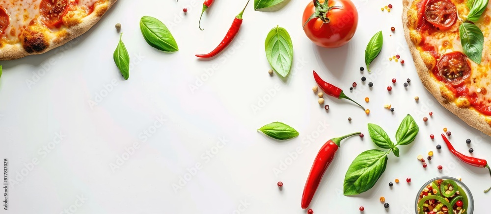 Poster colorful pizza toppings tomatoes cheese chili peppers and basil leaves on a white background top vie