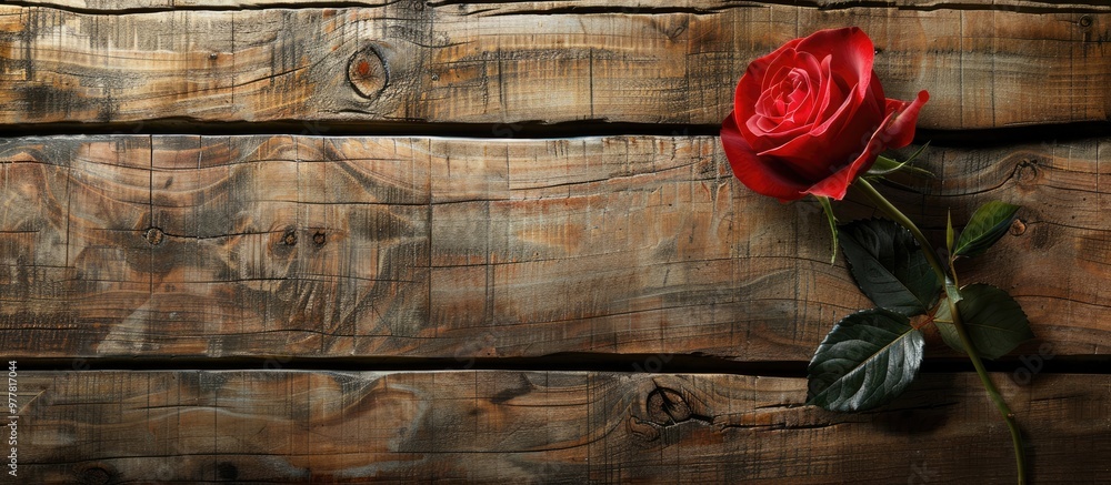 Poster red rose on a wooden backdrop. copy space image. place for adding text and design