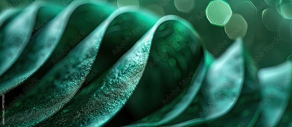 Poster close up of textured green paper featuring a line of christmas green bokeh macro. copy space image. 