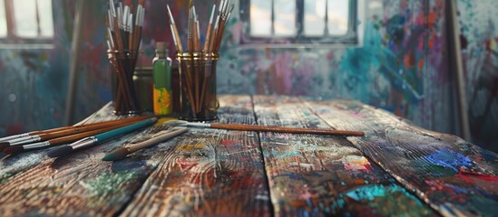 workspace on a table featuring pencils and paintbrushes. Copy space image. Place for adding text and design
