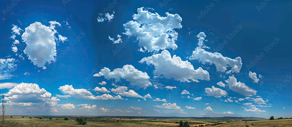 Poster a broad view of clouds in a blue sky above a rural landscape. copy space image. place for adding tex