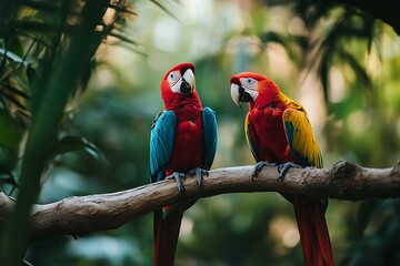 Obraz premium Two Scarlet Macaws Perched on Branch in Tropical Rainforest