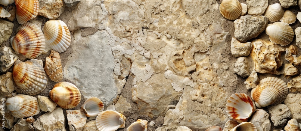 Poster stone wall texture featuring seashells background. copy space image. place for adding text and desig