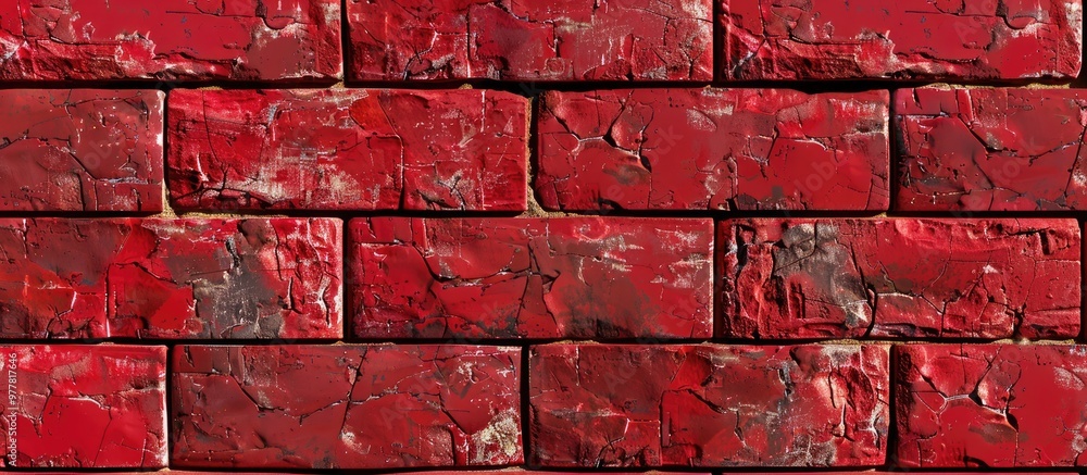 Poster red brick block wall displays a pattern of stacked blocks with a rough surface texture the joints ar